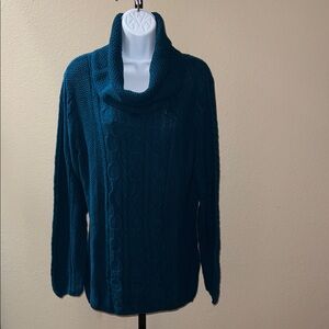 Jeanne Pierre Teal Cable Knit Cowl Neck Sweater 100% Cotton Women’s Size XL